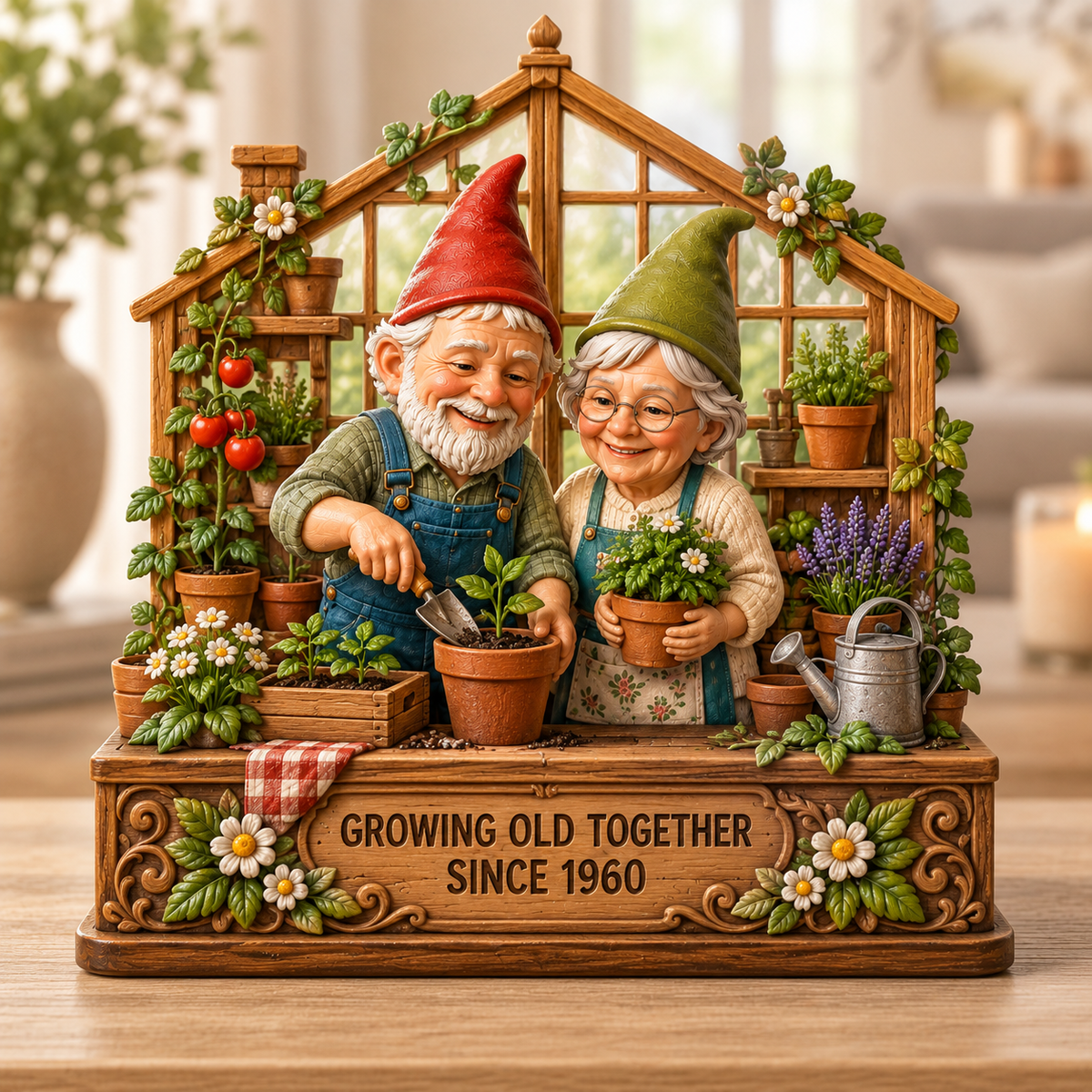Personalized Growing Old Together Figurine Wooden Block, Custom Couple Photo Garden Gnome, Anniversary Gift for Husband Wife