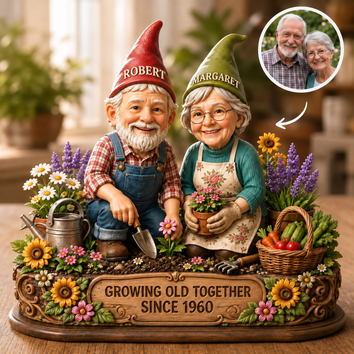 Personalized Growing Old Together Figurine Wooden Block, Custom Couple Photo Garden Gnome, Anniversary Gift for Husband Wife