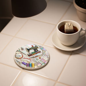 Sewing Essentials, Ceramic Coaster, Gift for Crafters and Sewing Lovers