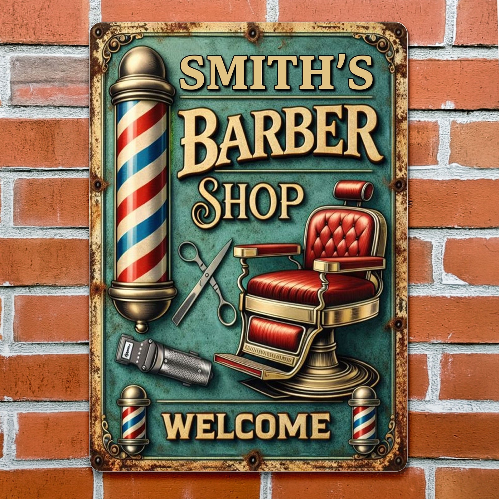 Welcome To Our Barber Shop, Barber Pole And Chair, Metal Sign, Gift For Barbers