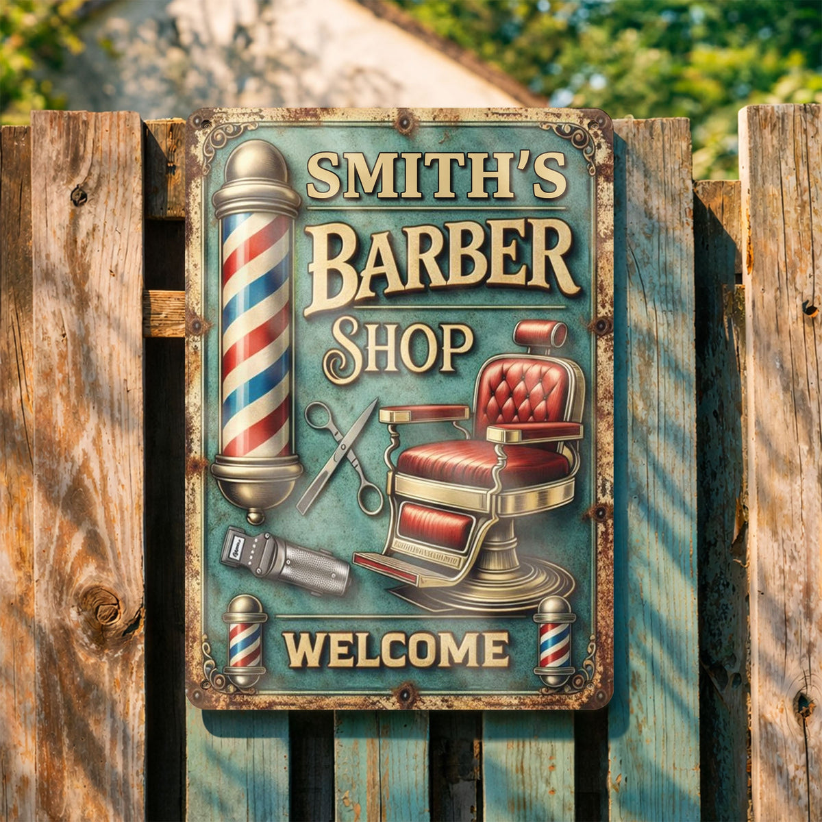 Welcome To Our Barber Shop, Barber Pole And Chair, Metal Sign, Gift For Barbers