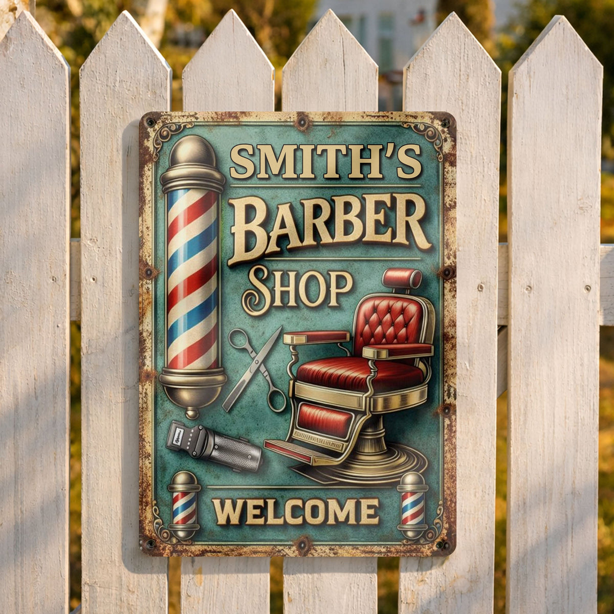 Welcome To Our Barber Shop, Barber Pole And Chair, Metal Sign, Gift For Barbers