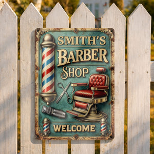 Welcome To Our Barber Shop, Barber Pole And Chair, Metal Sign, Gift For Barbers