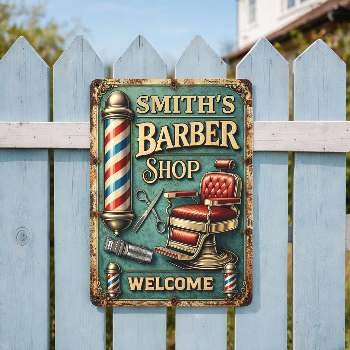 Welcome To Our Barber Shop, Barber Pole And Chair, Metal Sign, Gift For Barbers