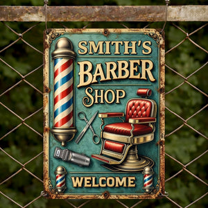 Welcome To Our Barber Shop, Barber Pole And Chair, Metal Sign, Gift For Barbers