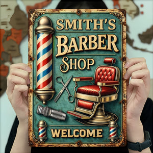 Welcome To Our Barber Shop, Barber Pole And Chair, Metal Sign, Gift For Barbers