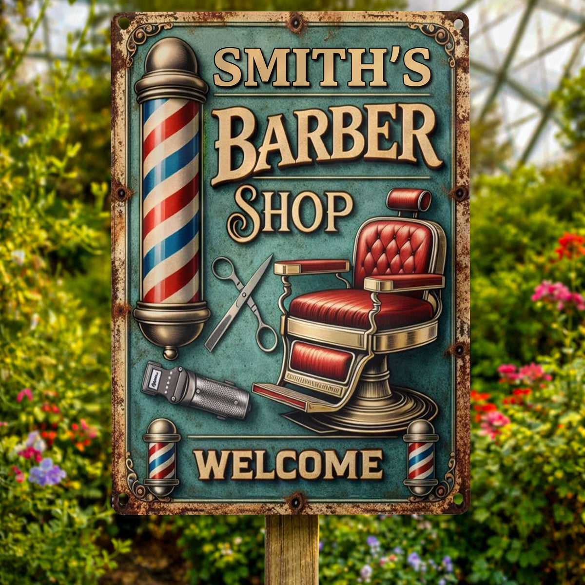 Welcome To Our Barber Shop, Barber Pole And Chair, Metal Sign, Gift For Barbers