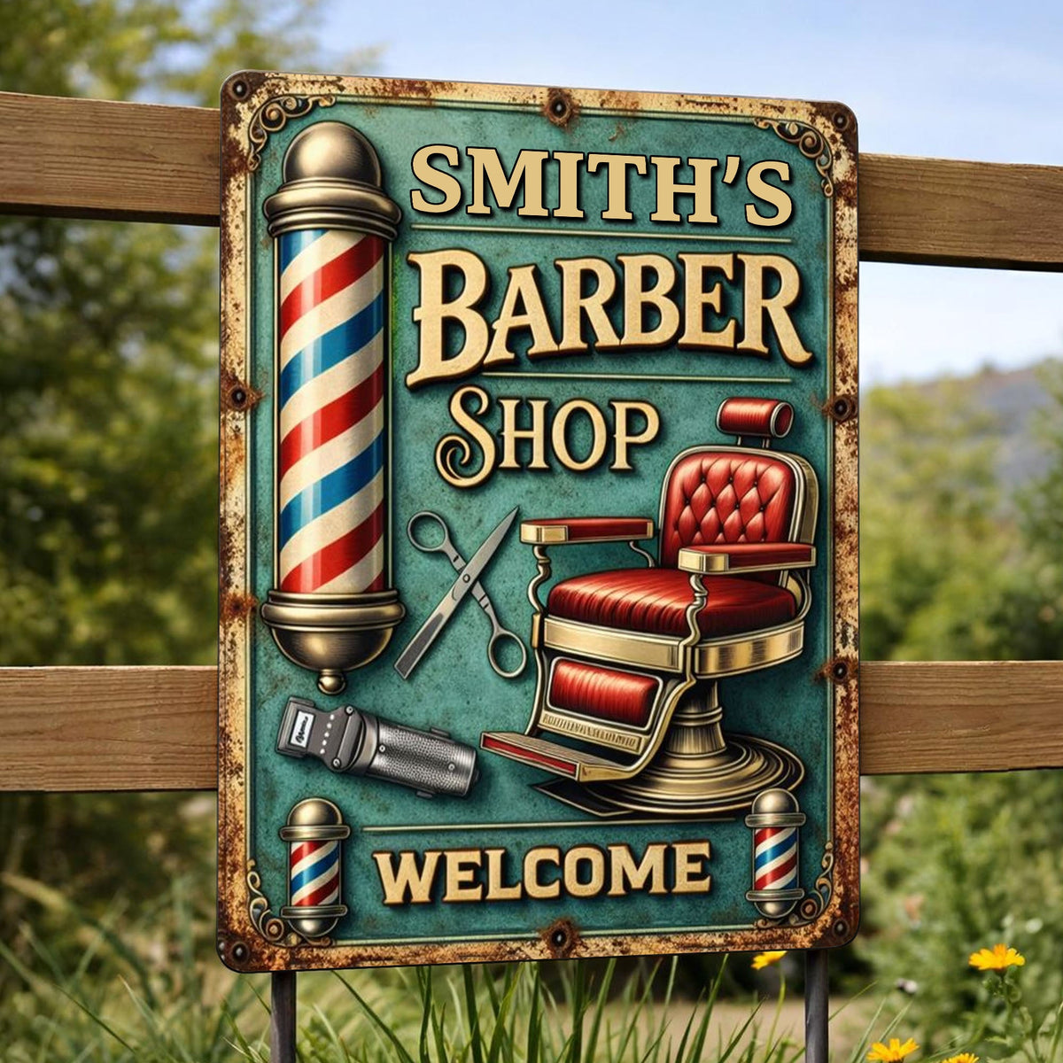 Welcome To Our Barber Shop, Barber Pole And Chair, Metal Sign, Gift For Barbers