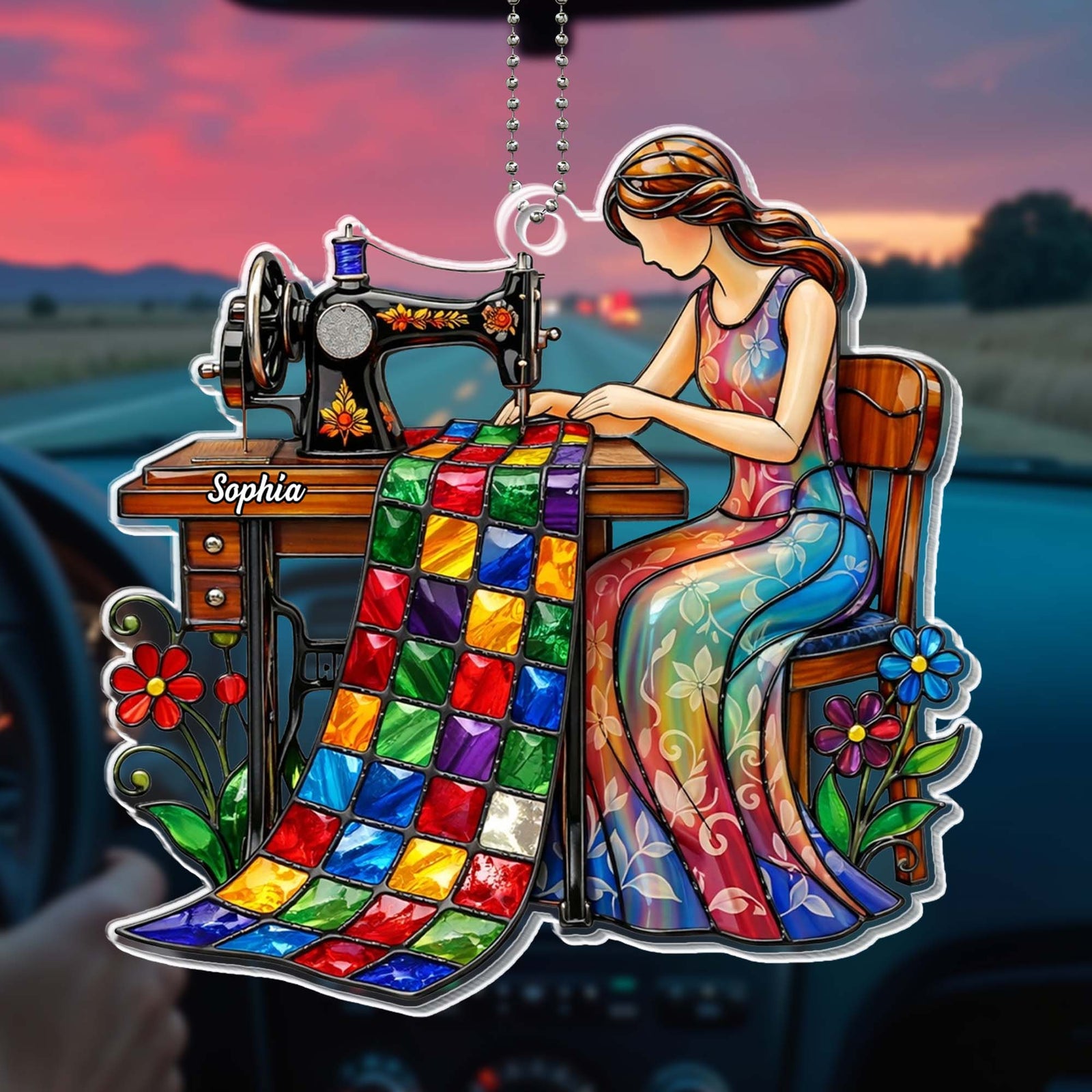Colorful Quilt and Vintage Sewing Machine Design,Car Hanging Ornament,Gift For Quilters and Sewing Lovers