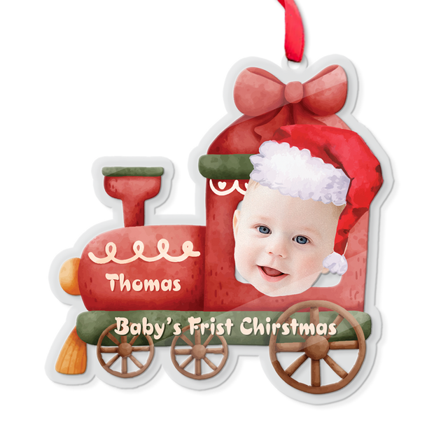 Face From Photo, Ornament For Baby, Christmas Train, Personalized Name And Text, Christmas Shape Ornament