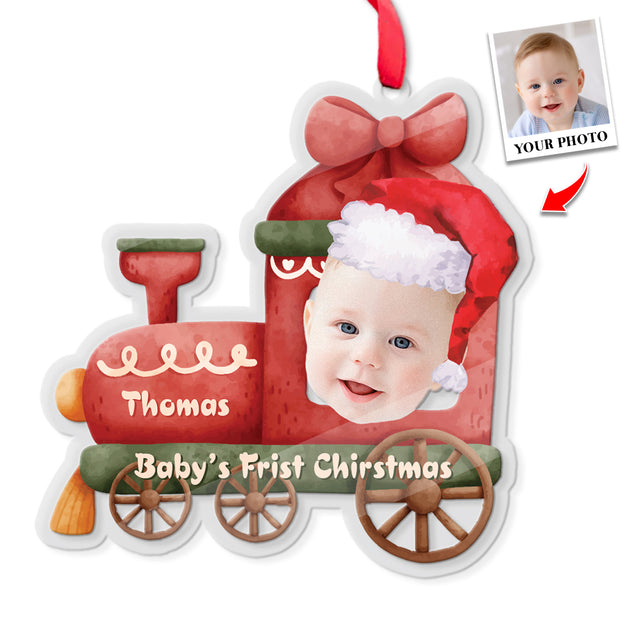Face From Photo, Ornament For Baby, Christmas Train, Personalized Name And Text, Christmas Shape Ornament