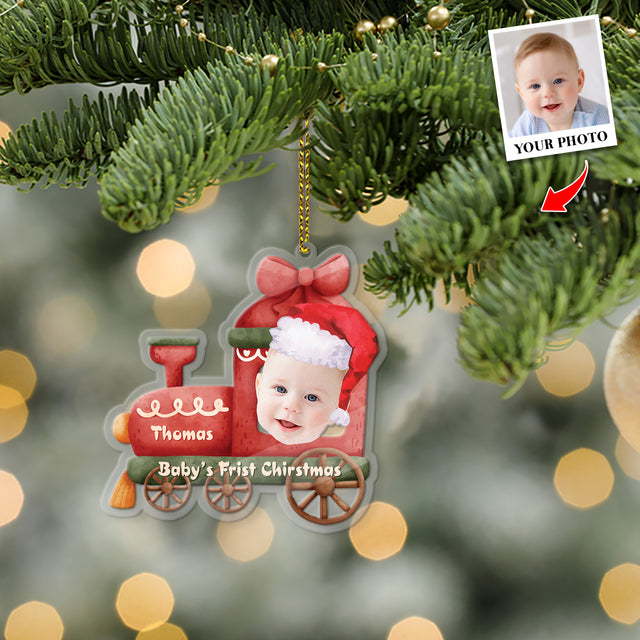 Face From Photo, Ornament For Baby, Christmas Train, Personalized Name And Text, Christmas Shape Ornament
