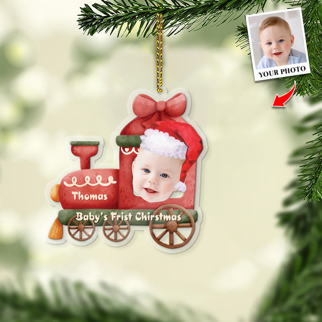 Face From Photo, Ornament For Baby, Christmas Train, Personalized Name And Text, Christmas Shape Ornament