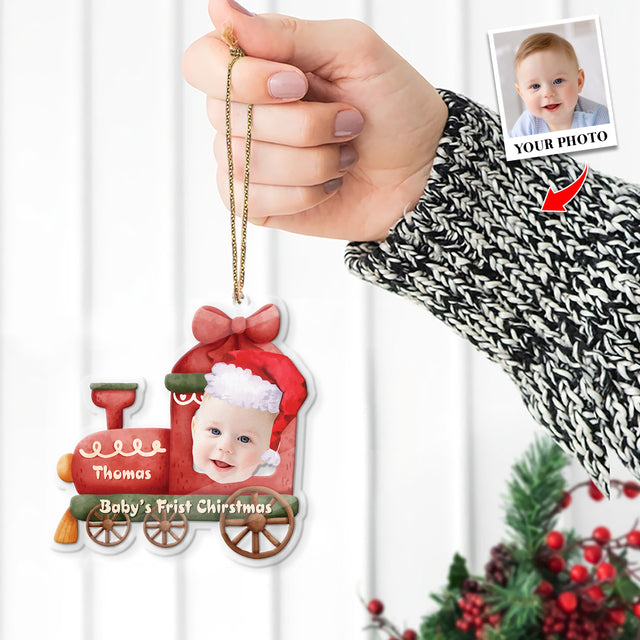 Face From Photo, Ornament For Baby, Christmas Train, Personalized Name And Text, Christmas Shape Ornament