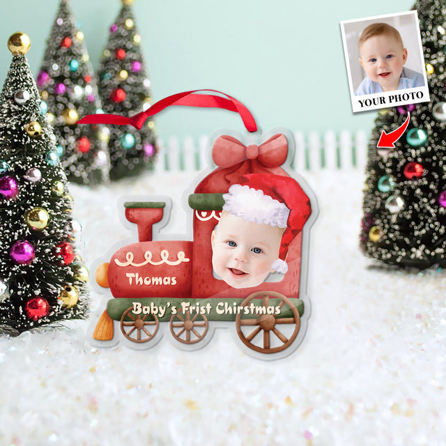 Face From Photo, Ornament For Baby, Christmas Train, Personalized Name And Text, Christmas Shape Ornament