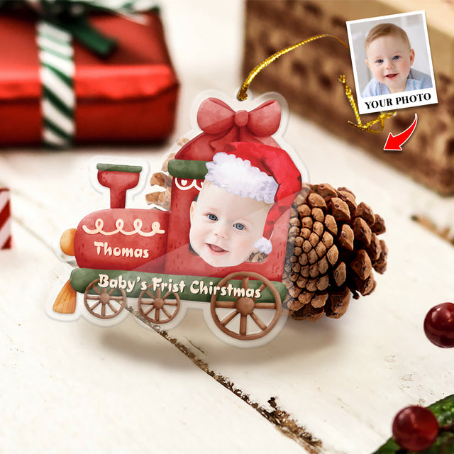 Face From Photo, Ornament For Baby, Christmas Train, Personalized Name And Text, Christmas Shape Ornament