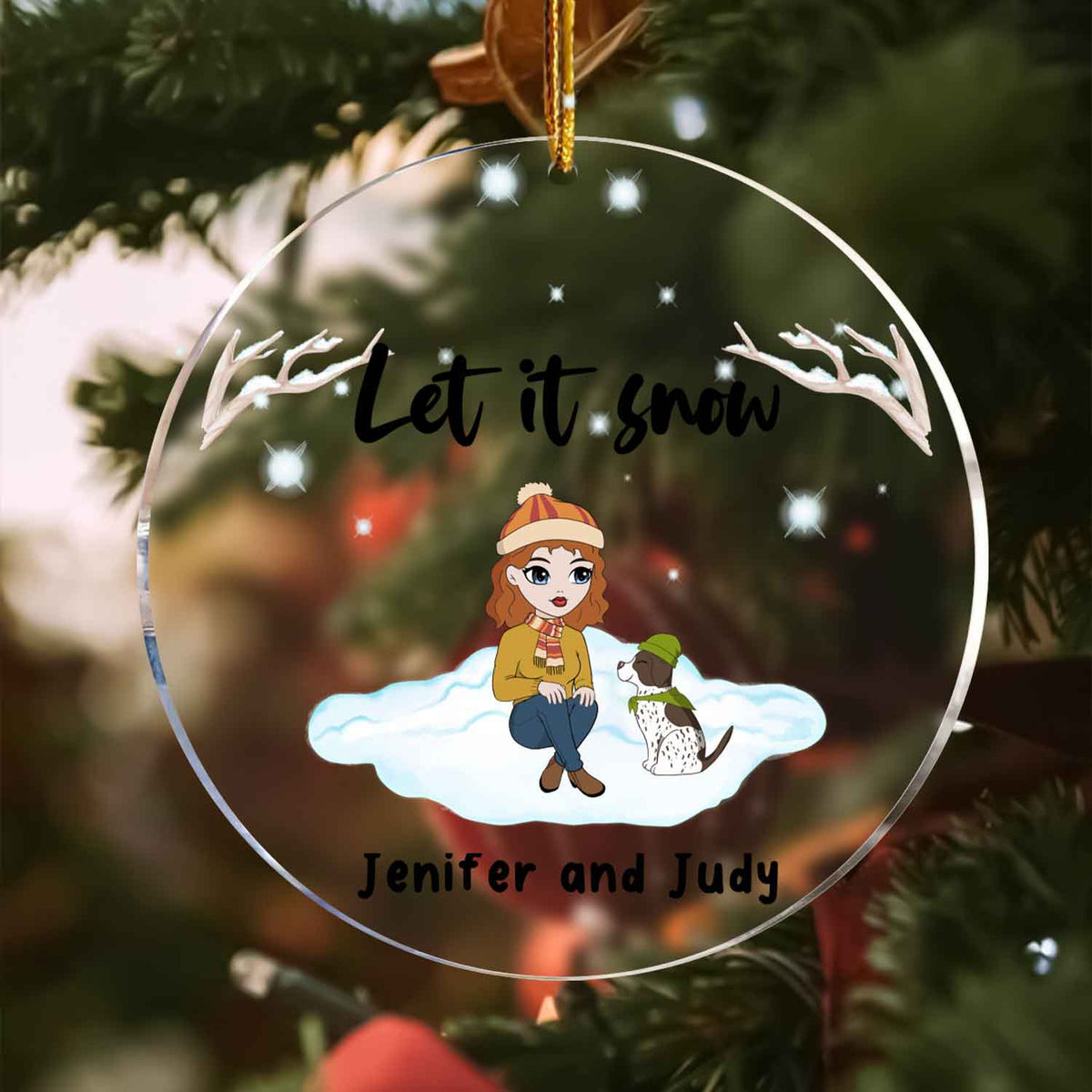 Let It Snow Woman And Dog, Cat Personalized Transparent Acrylic Ornament Pet Christmas Gift, Winter Gift For Dog Lovers Cat Lovers Dog Mom Gift