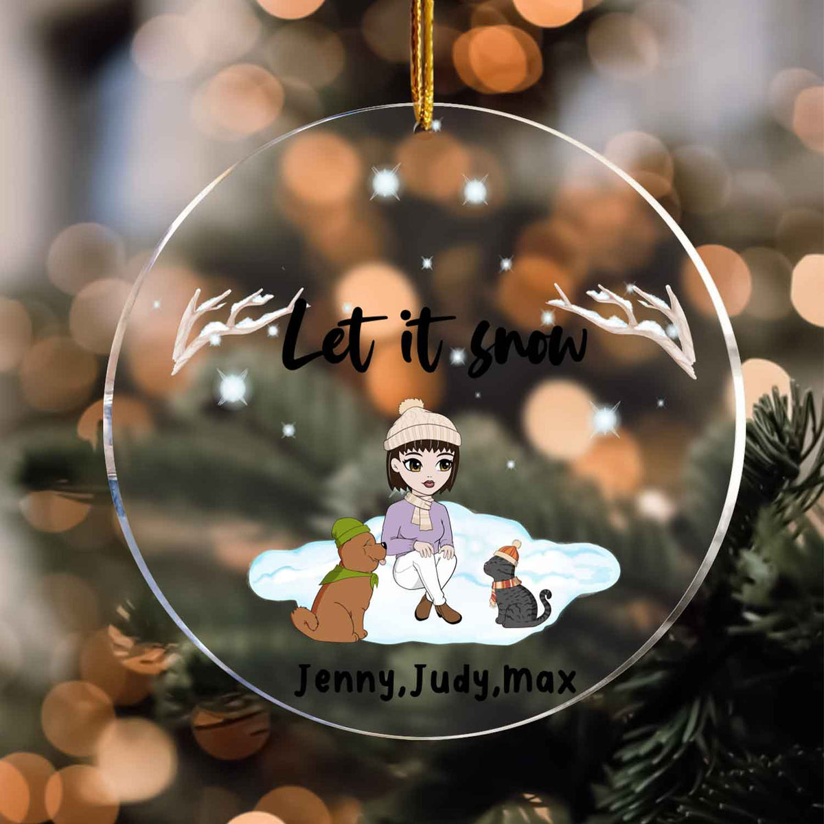 Let It Snow Woman And Dog, Cat Personalized Transparent Acrylic Ornament Pet Christmas Gift, Winter Gift For Dog Lovers Cat Lovers Dog Mom Gift