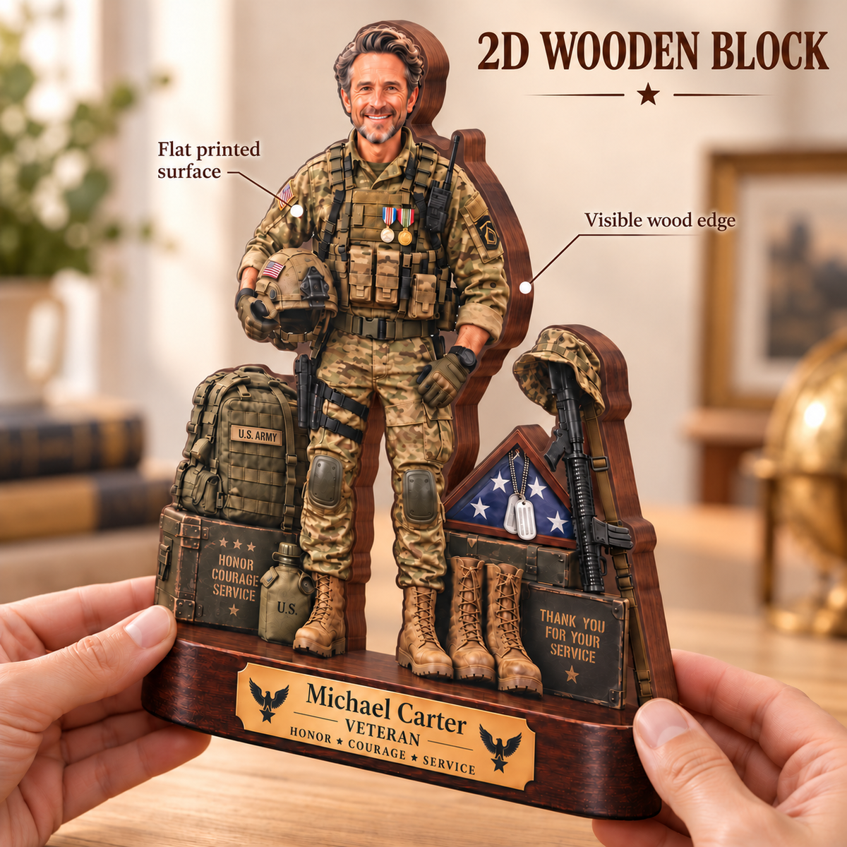 Personalized Veteran Photo Wooden Block, Custom 2D Flat Military Cutout, Veterans Day Gift, Military Keepsake Decor