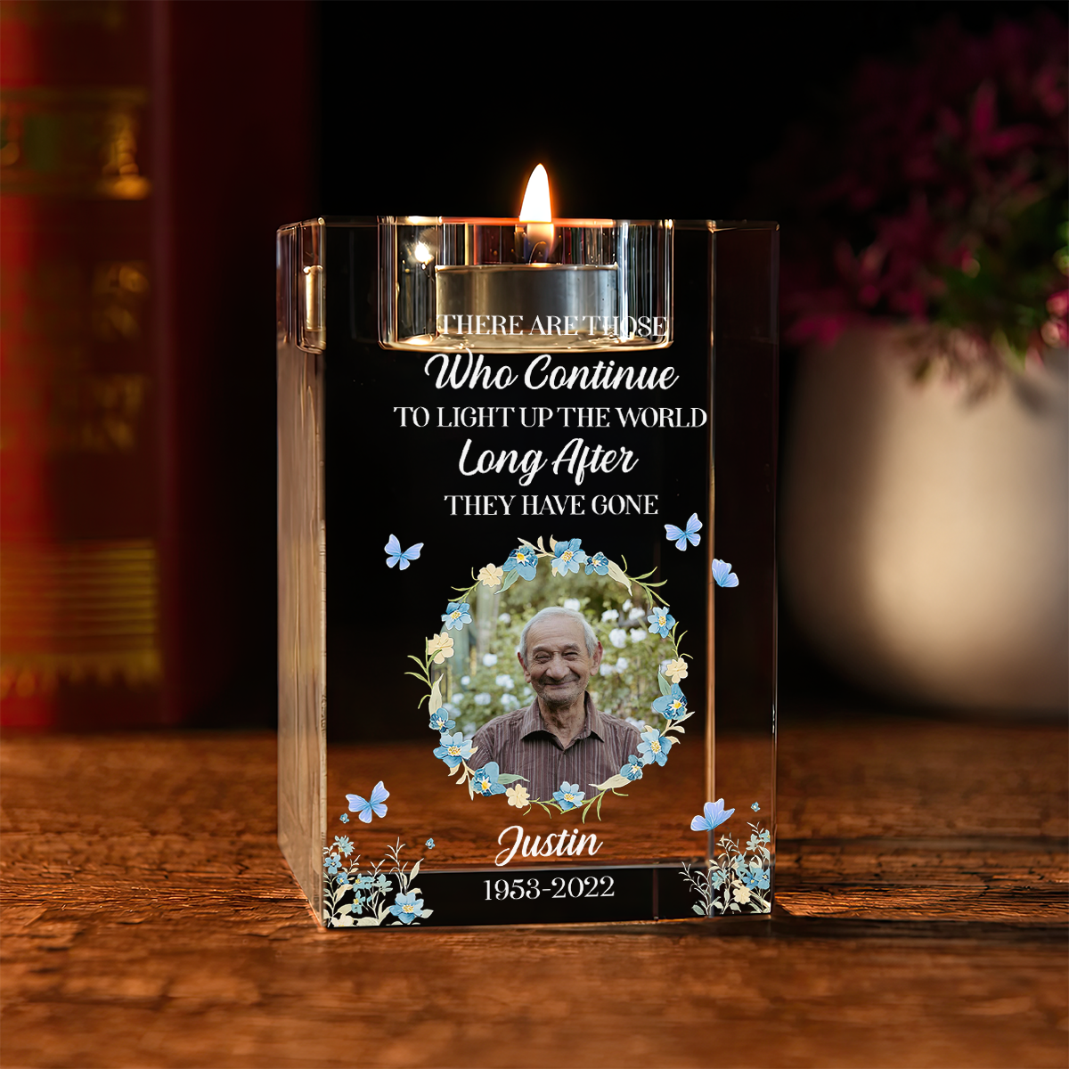 Flower Custom Photo - Personalized Crystal Candle Holder - Memorial Gift