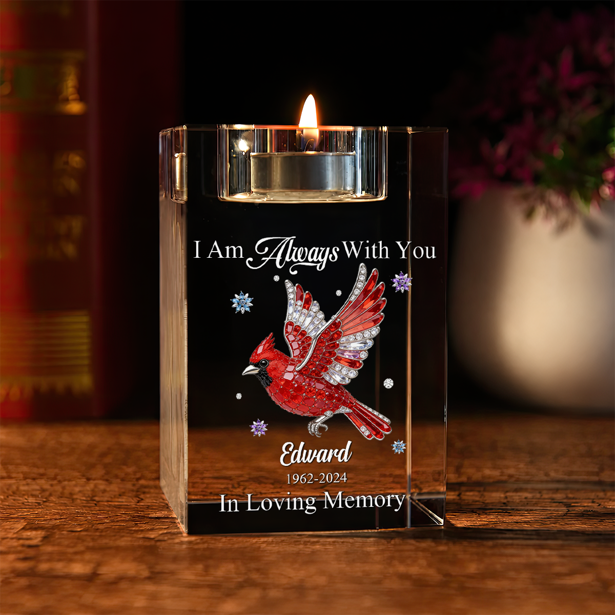 Cardinal Memorial Personalized Crystal Candle Holder