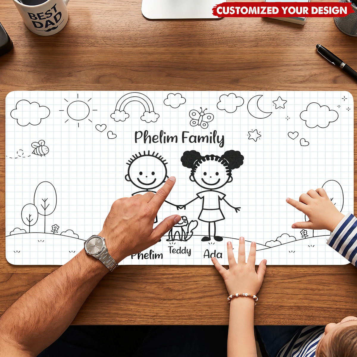 Doodle Stick Figure Couple With Dog Cat - Personalized Desk Mat