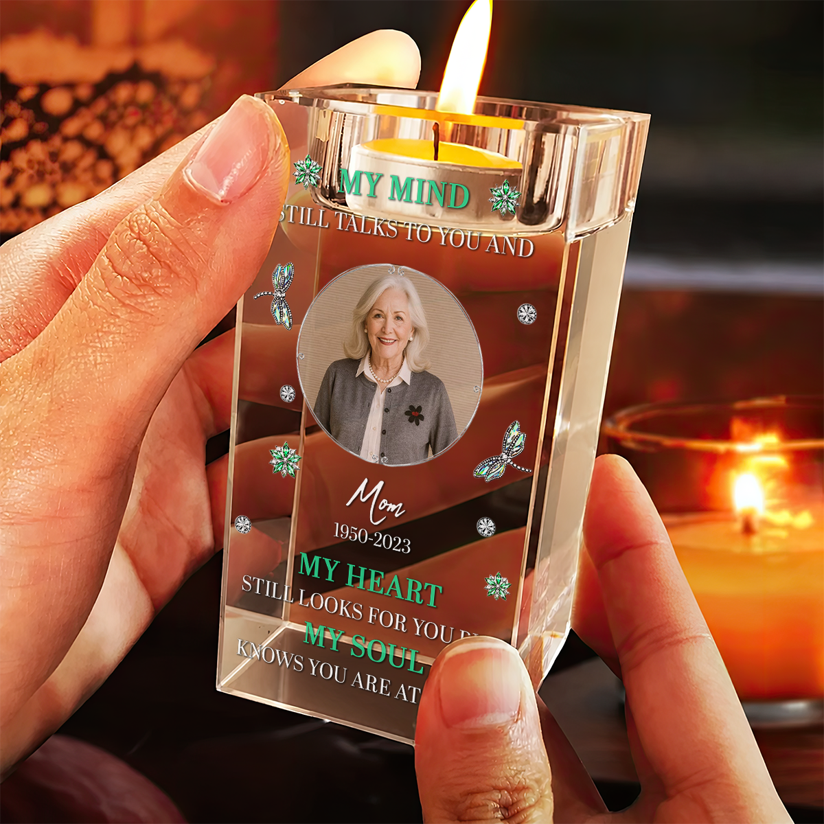 My Mind My Heart My Soul Memorial Personalized Crystal Candle Holder