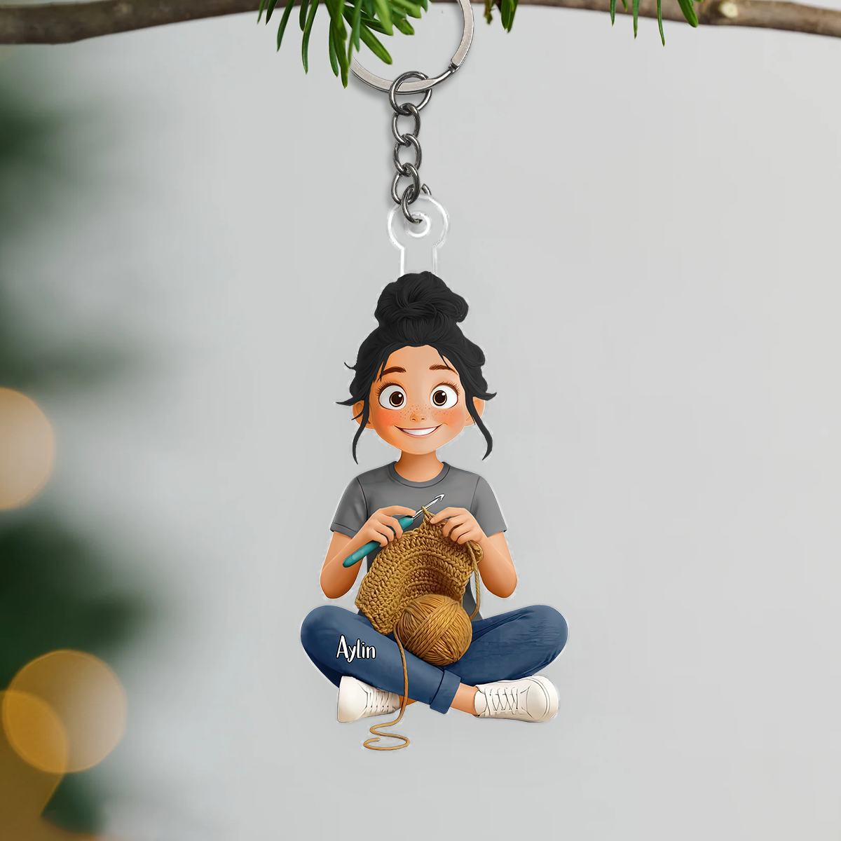 Cartoon Crochet Knitting Girl Hobby Keepsake - Personalized Acrylic Keychain - Gift For Crochet Lovers