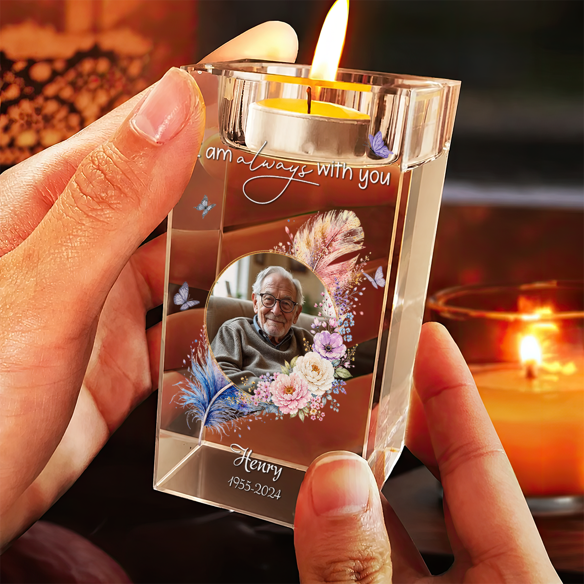 I Am Aways With You Feathers Memorial Personalized Crystal Candle Holder