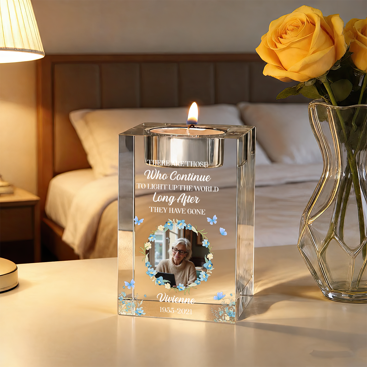 Flower Custom Photo - Personalized Crystal Candle Holder - Memorial Gift