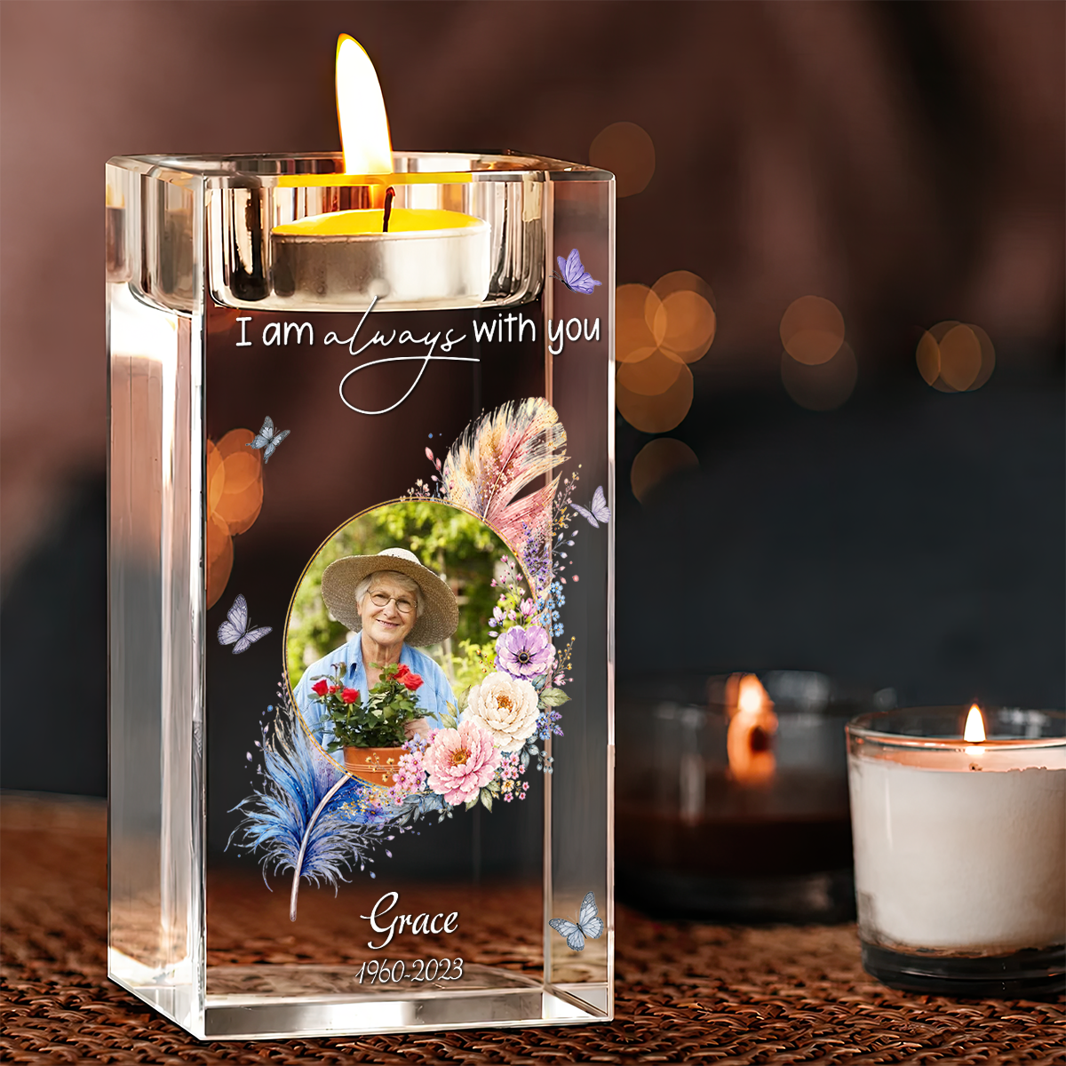 I Am Aways With You Feathers Memorial Personalized Crystal Candle Holder