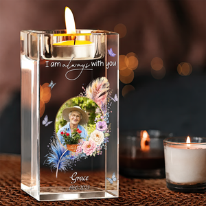 I Am Aways With You Feathers Memorial Personalized Crystal Candle Holder
