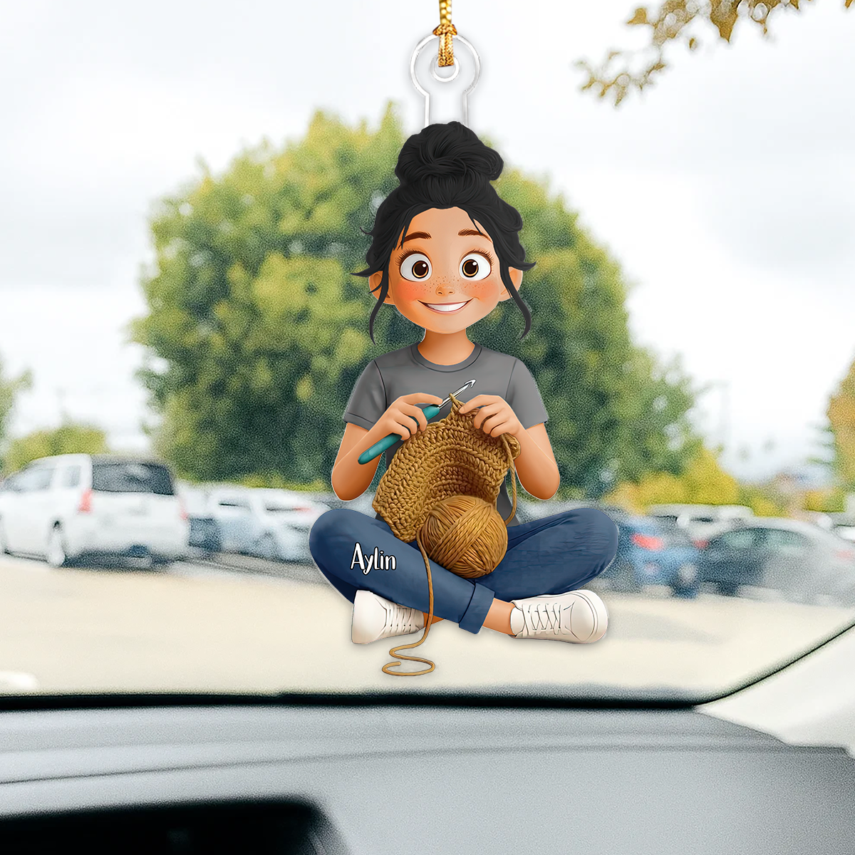 Cartoon Crochet Knitting Girl Hobby Keepsake - Personalized Acrylic Keychain - Gift For Crochet Lovers