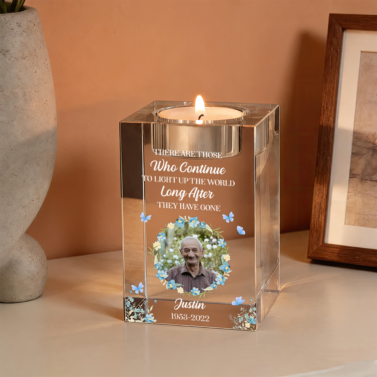 Flower Custom Photo - Personalized Crystal Candle Holder - Memorial Gift