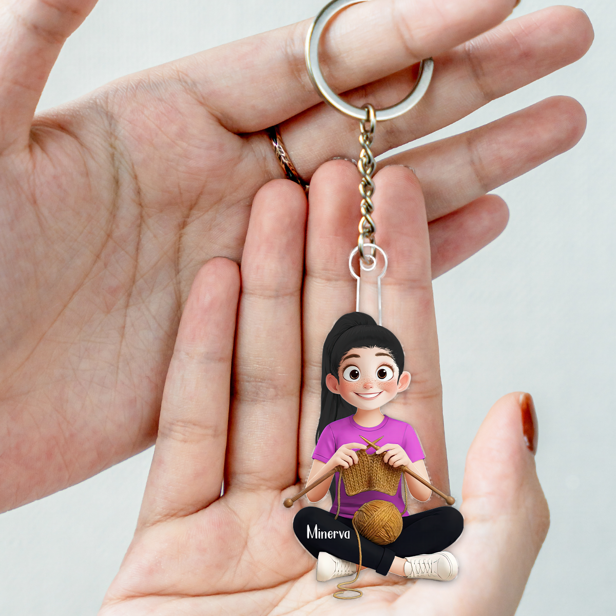 Cartoon Crochet Knitting Girl Hobby Keepsake - Personalized Acrylic Keychain - Gift For Crochet Lovers