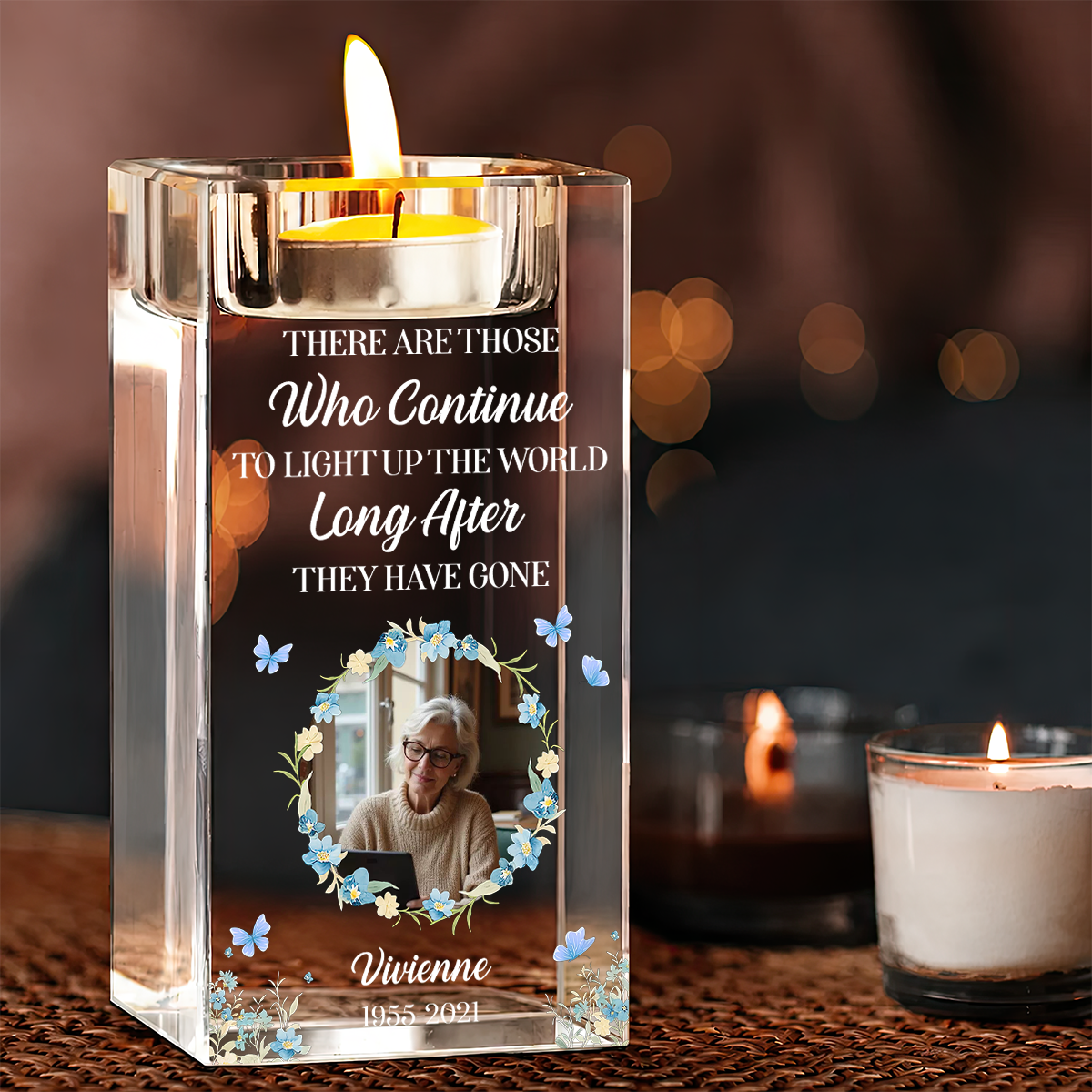 Flower Custom Photo - Personalized Crystal Candle Holder - Memorial Gift