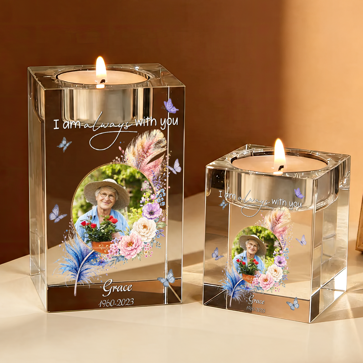 I Am Aways With You Feathers Memorial Personalized Crystal Candle Holder