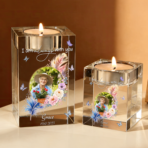 I Am Aways With You Feathers Memorial Personalized Crystal Candle Holder