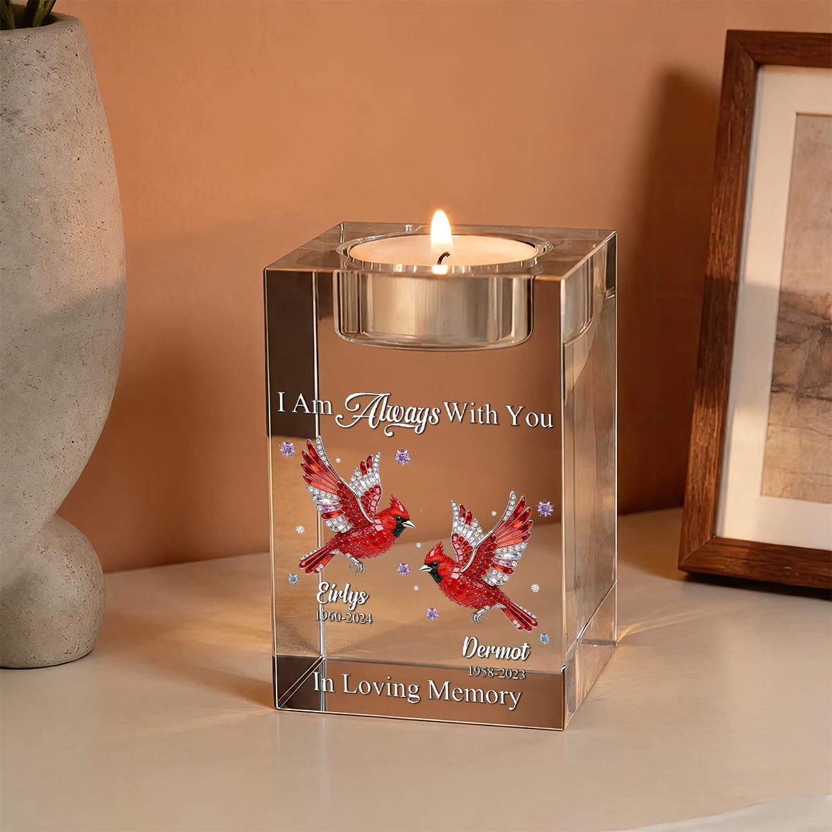 Cardinal Memorial Personalized Crystal Candle Holder