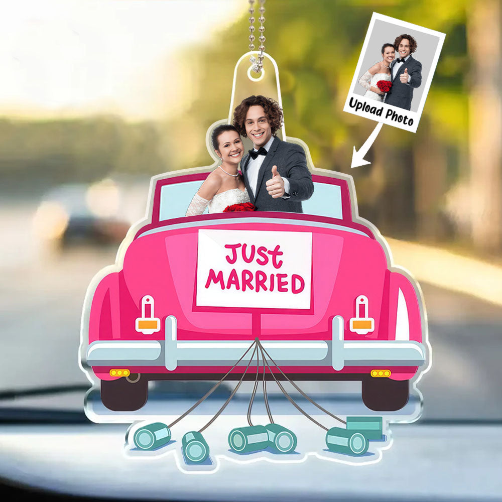 Custom Photo Love You Bae Just Married - Gift For Couple - Personalized Car Hanging Ornament