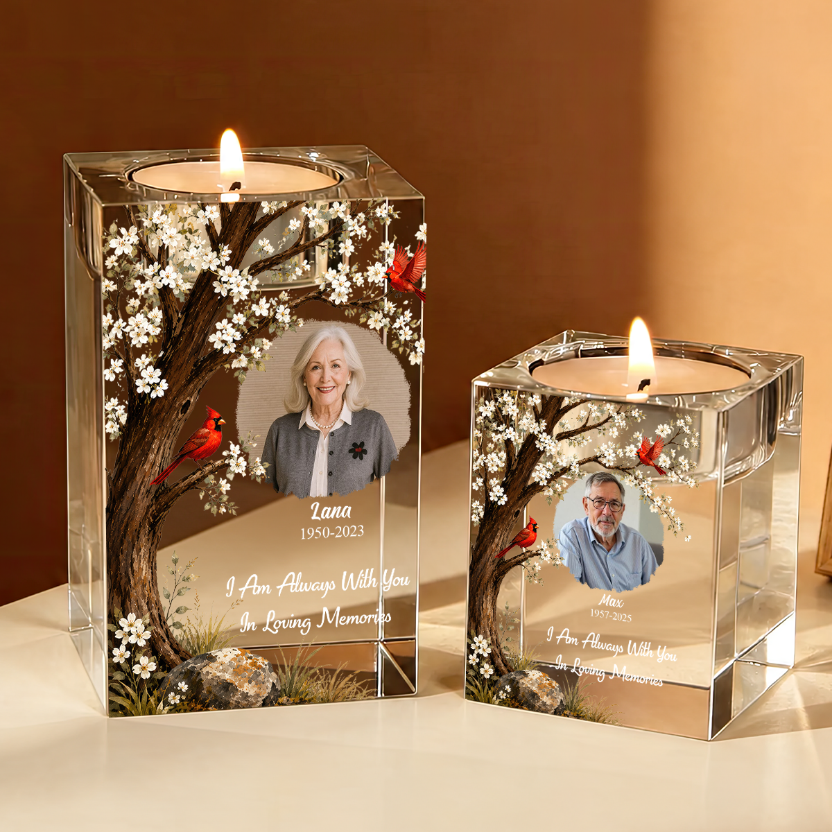 Cardinal Memorial Flower Blessing Personalized Crystal Candle Holder