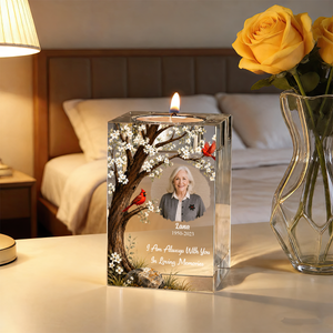 Cardinal Memorial Flower Blessing Personalized Crystal Candle Holder