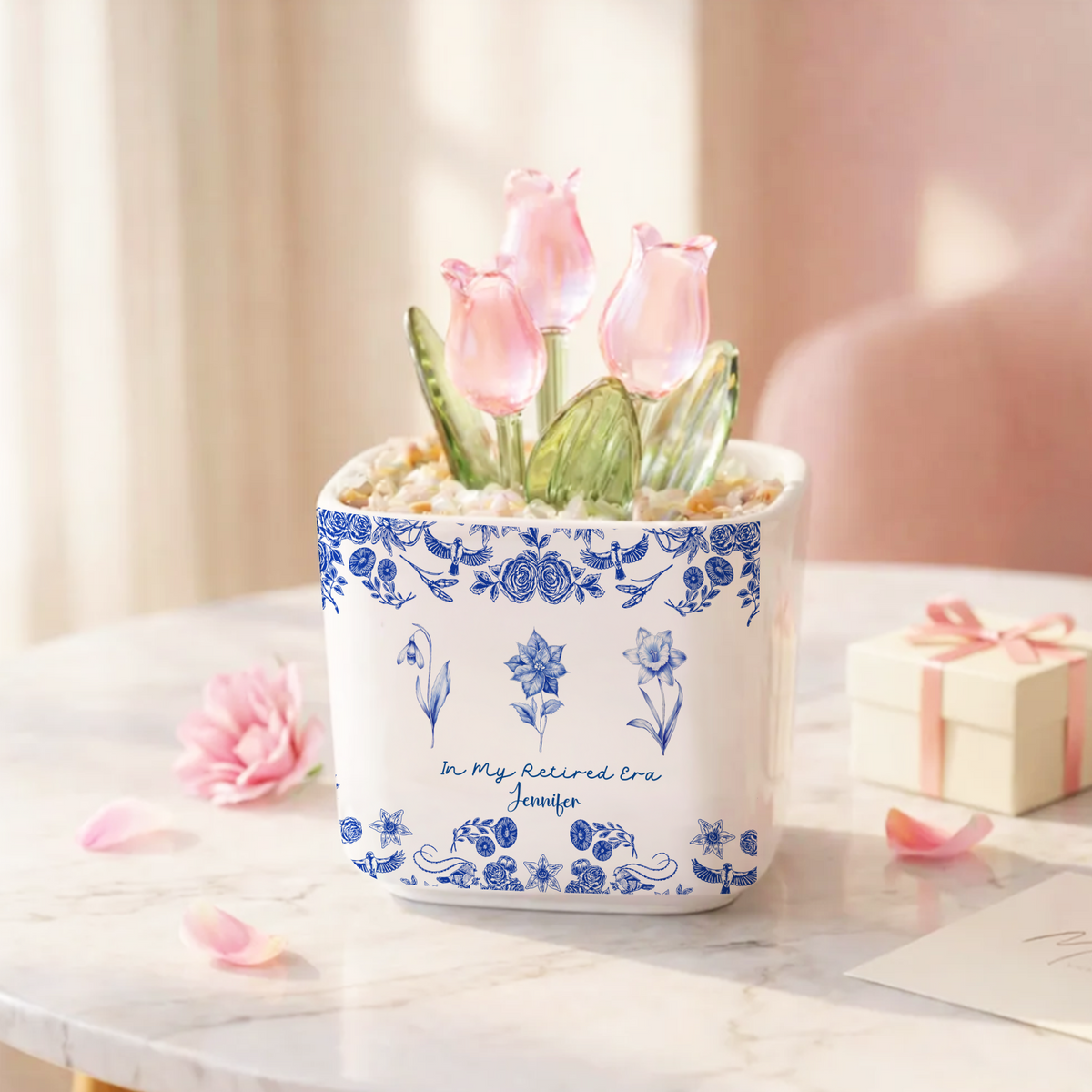 In My Retire Era - Personalized Mini Glass Tulips Pot