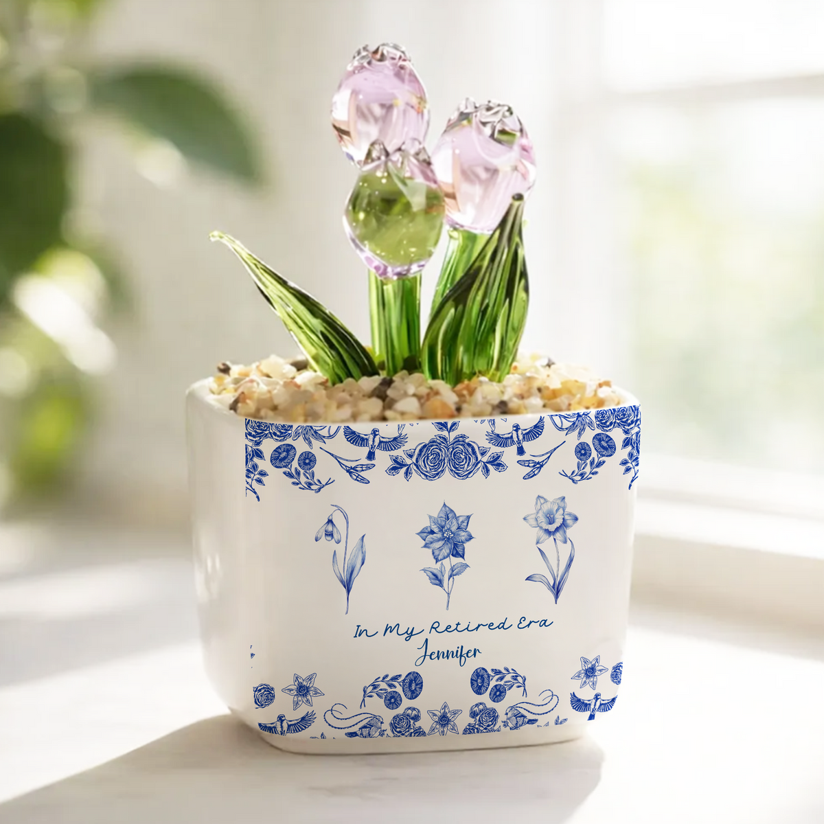 In My Retire Era - Personalized Mini Glass Tulips Pot