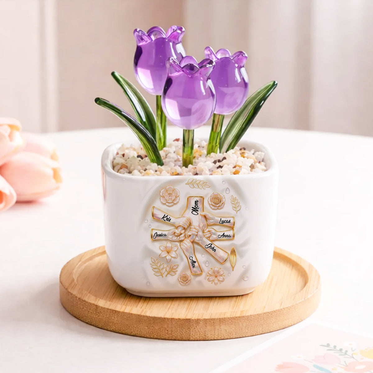Holding Hand 3D Personalized Glass Everlasting Tulips