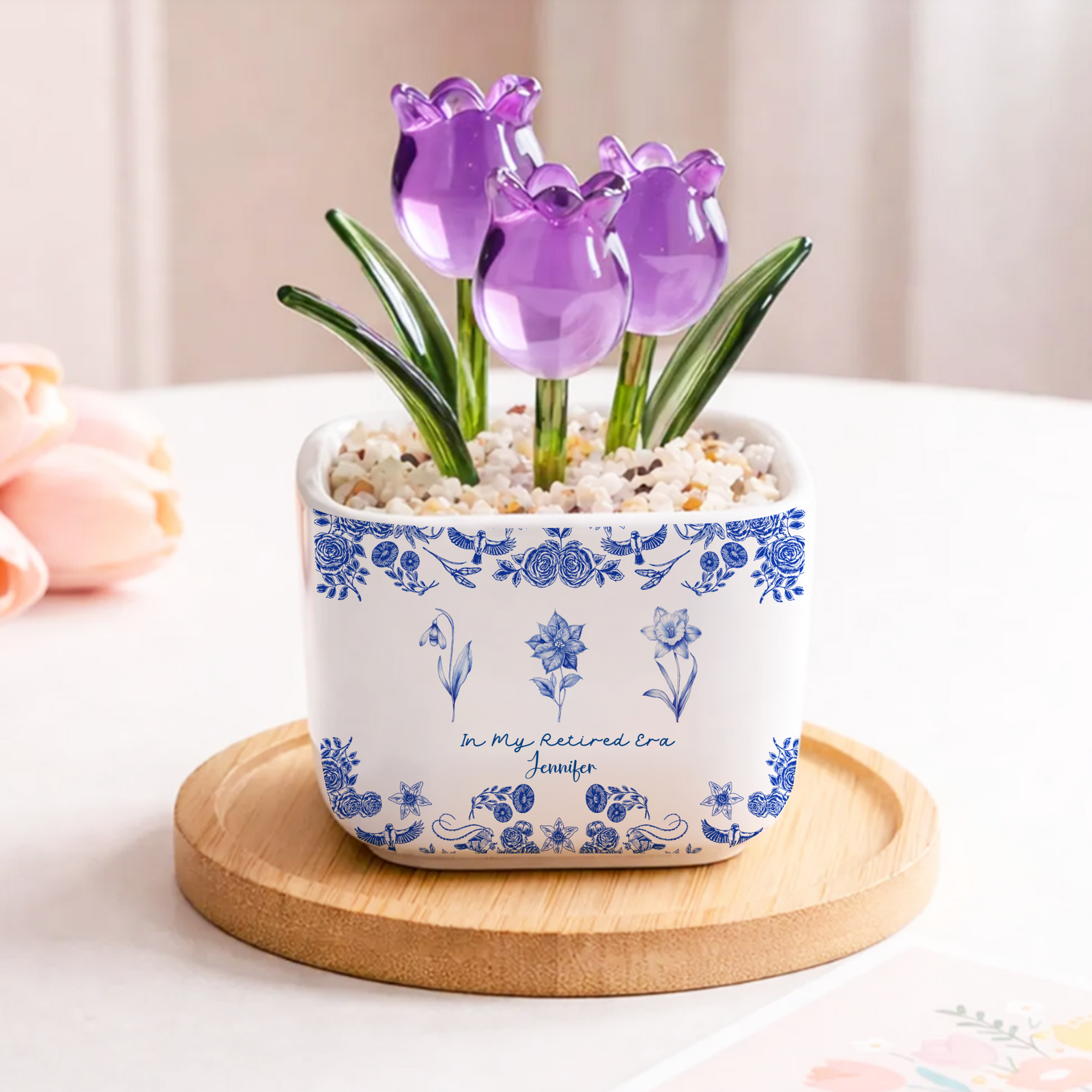 In My Retire Era - Personalized Mini Glass Tulips Pot