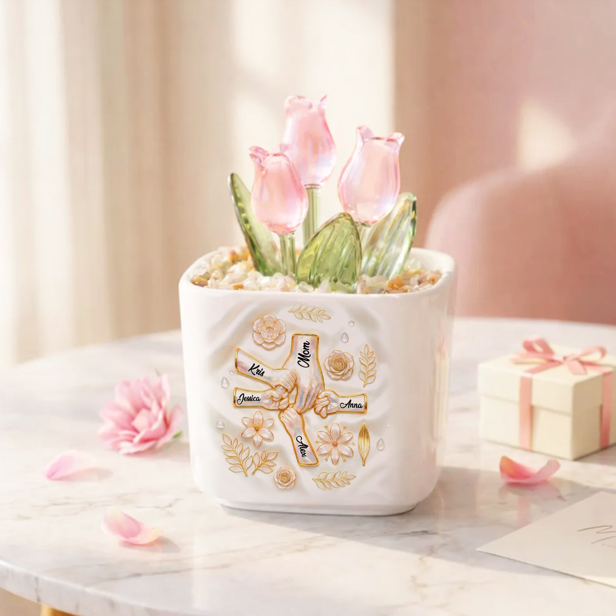 Holding Hand 3D Personalized Glass Everlasting Tulips