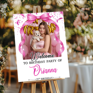 Elegant Bow Photo Birthday - Welcome To The Party - Birthday Sign - Custom Name & Photo Birthday Party Welcome Sign