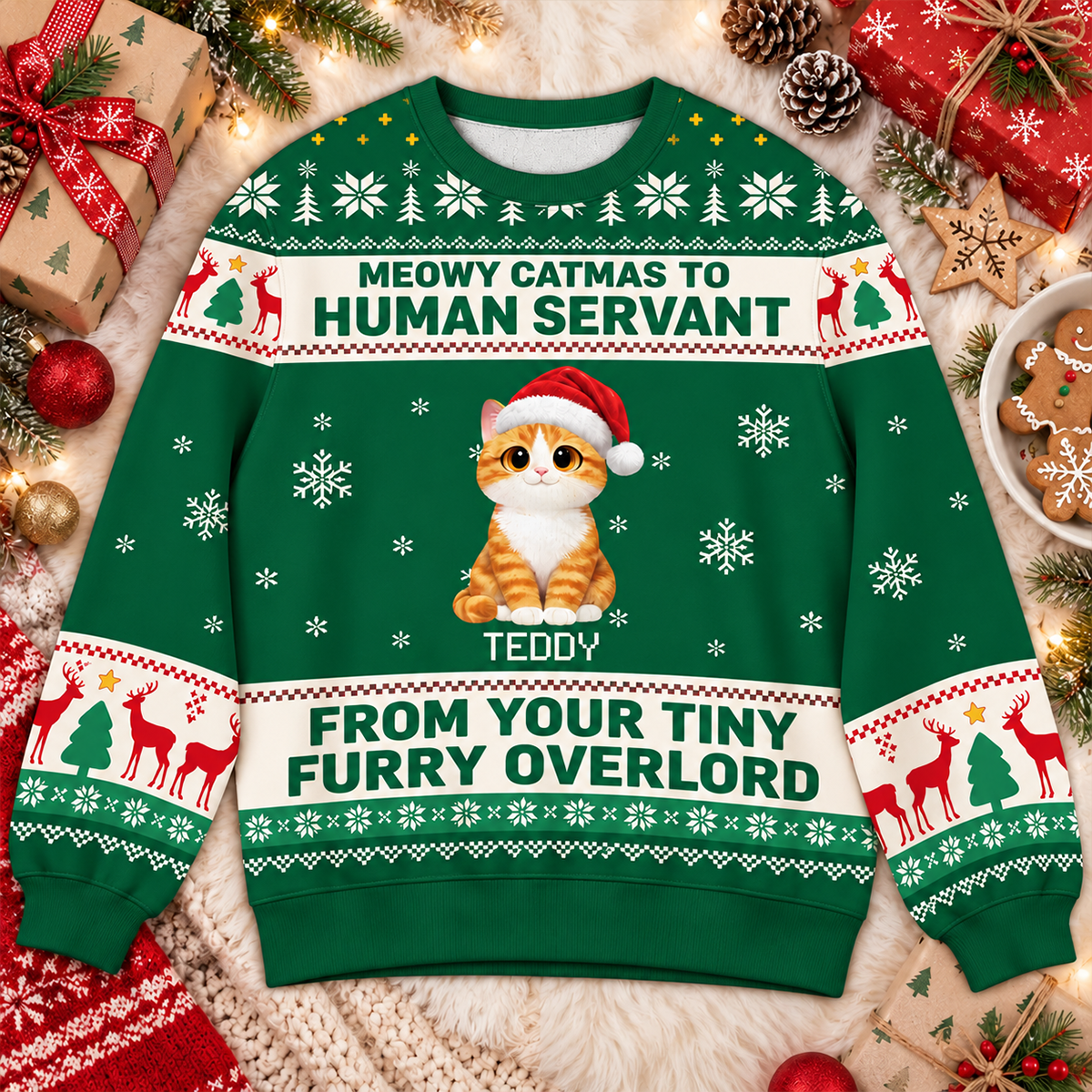 Meowy Catmas To Human Servant - Personalized 3D Sweatshirt - Christmas Gift For Cat Mom, Cat Dad