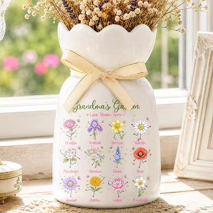 Grandma's Garden Birth Month Flowers - Personalized Ceramic Flower Vase - Gift For Grandma, Mom